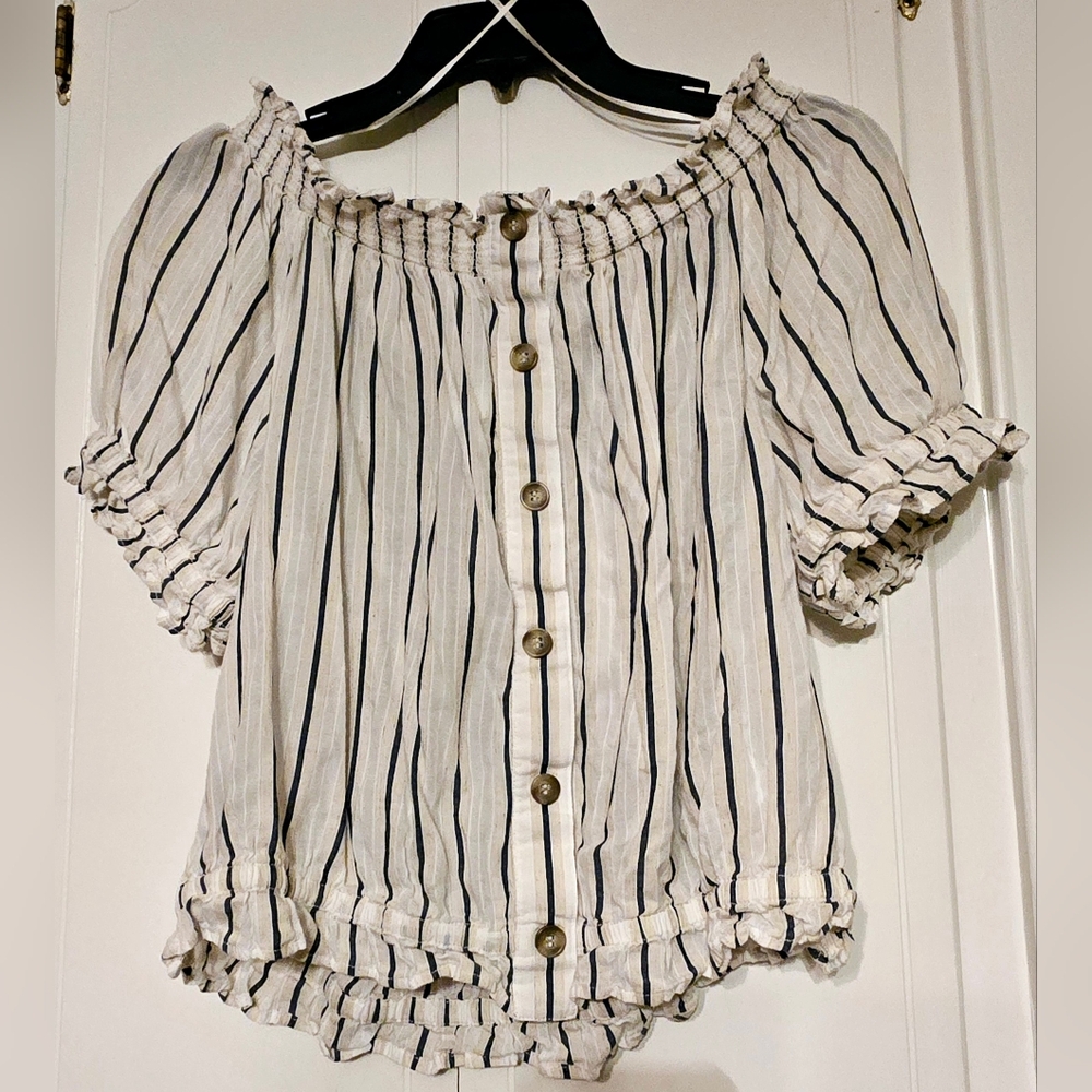 Striped Off-Shoulder Button-Up Top